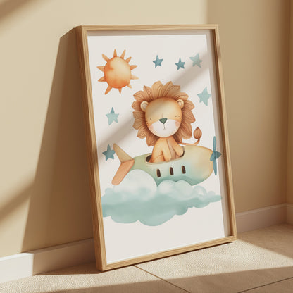 Premium Poster of Cute Lion Flying in Airplane Kids Room Posters