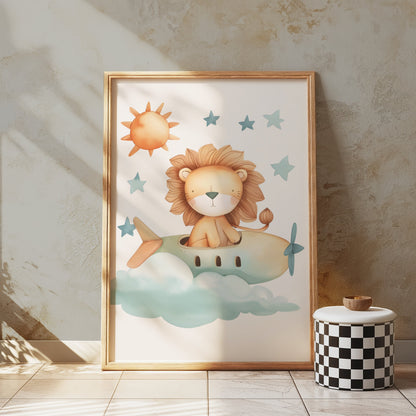 Premium Poster of Cute Lion Flying in Airplane Kids Room Posters