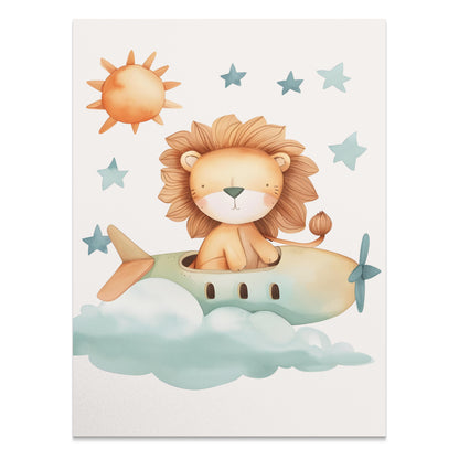Premium Poster of Cute Lion Flying in Airplane Kids Room Posters