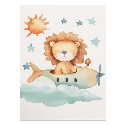Premium Poster of Cute Lion Flying in Airplane Kids Room Posters