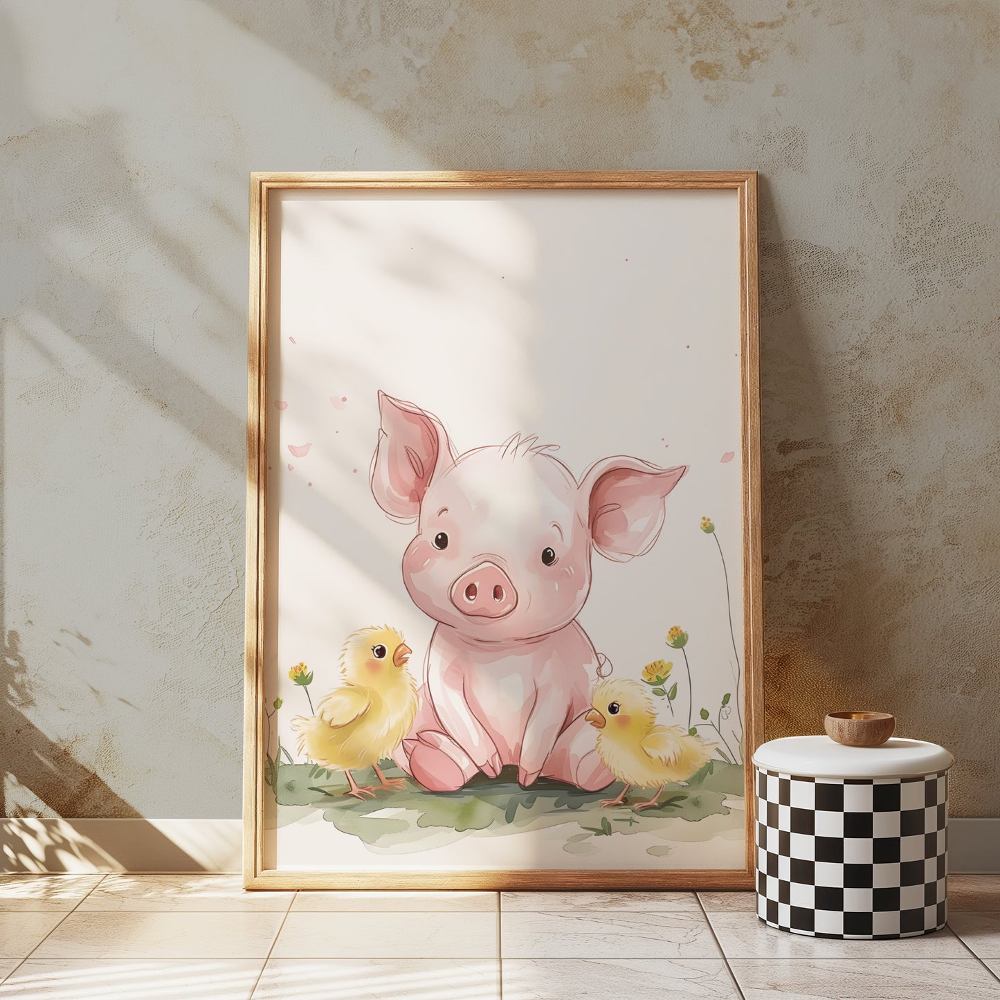 Premium Poster of Cute Piglet with Adorable Chicks Animal Art Posters