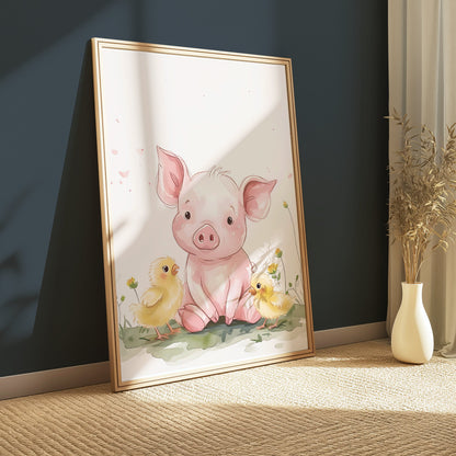 Premium Poster of Cute Piglet with Adorable Chicks Animal Art Posters