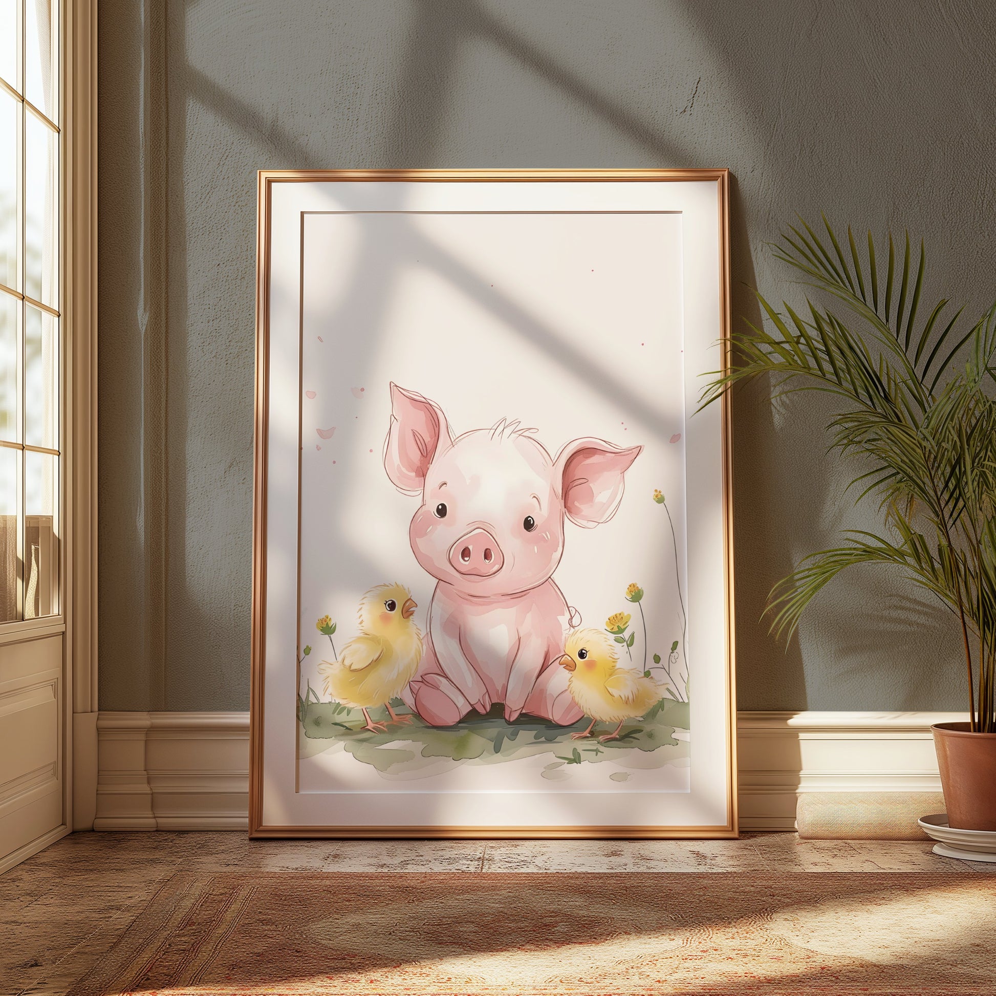 Premium Poster of Cute Piglet with Adorable Chicks Animal Art Posters
