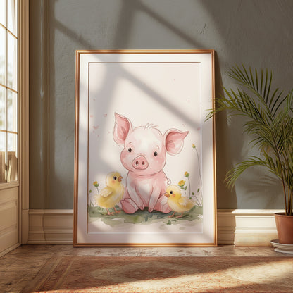 Premium Poster of Cute Piglet with Adorable Chicks Animal Art Posters