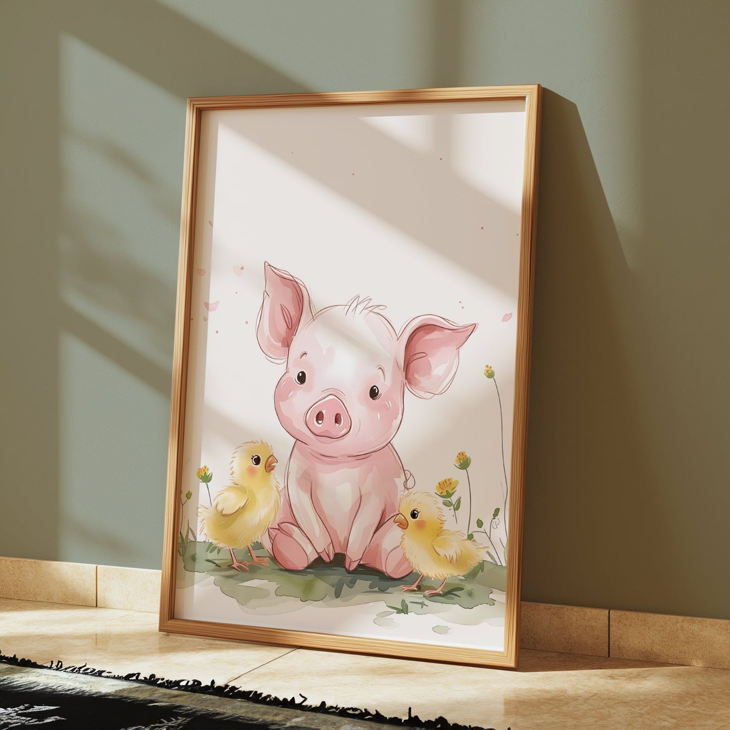 Premium Poster of Cute Piglet with Adorable Chicks Animal Art Posters