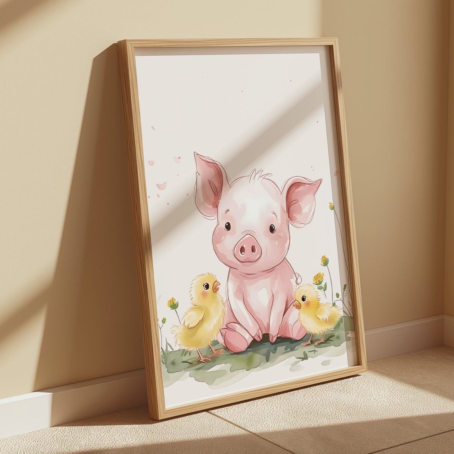 Premium Poster of Cute Piglet with Adorable Chicks Animal Art Posters