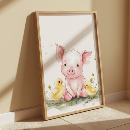 Premium Poster of Cute Piglet with Adorable Chicks Animal Art Posters