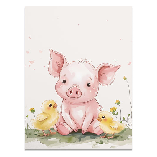 Premium Poster of Cute Piglet with Adorable Chicks Animal Art Posters