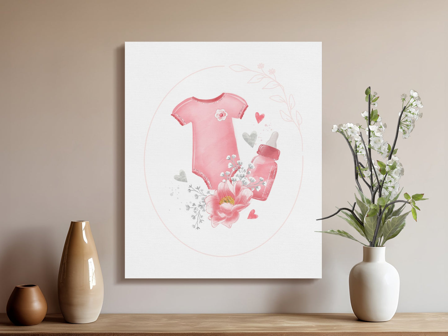 Premium Poster of Cute Pink Baby Onesie Nursery Canvas Wraps