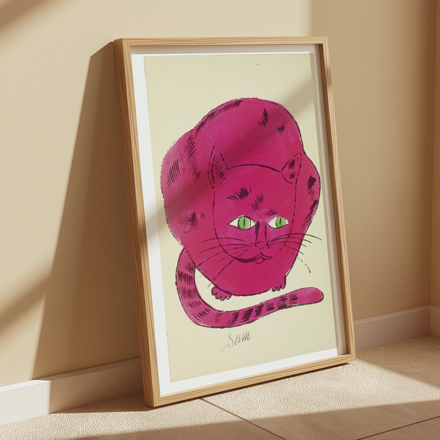 Premium Poster of Cute Pink Cat Illustration with Green Eyes Posters