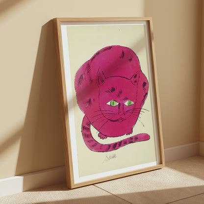 Premium Poster of Cute Pink Cat Illustration with Green Eyes Posters