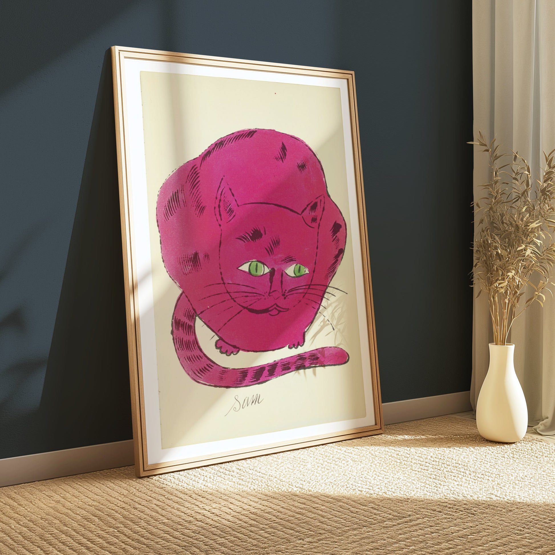 Premium Poster of Cute Pink Cat Illustration with Green Eyes Posters