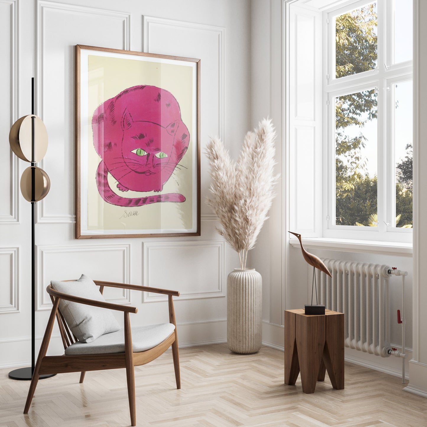 Premium Poster of Cute Pink Cat Illustration with Green Eyes Posters