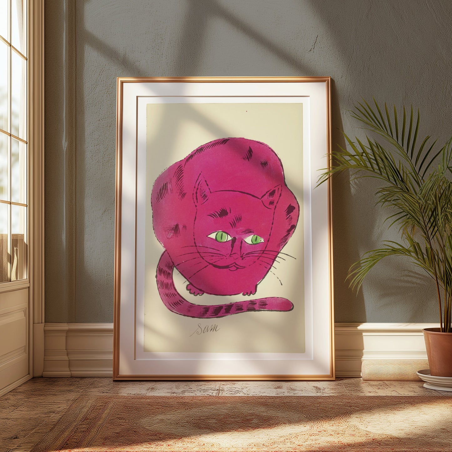 Premium Poster of Cute Pink Cat Illustration with Green Eyes Posters