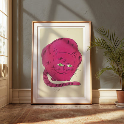 Premium Poster of Cute Pink Cat Illustration with Green Eyes Posters