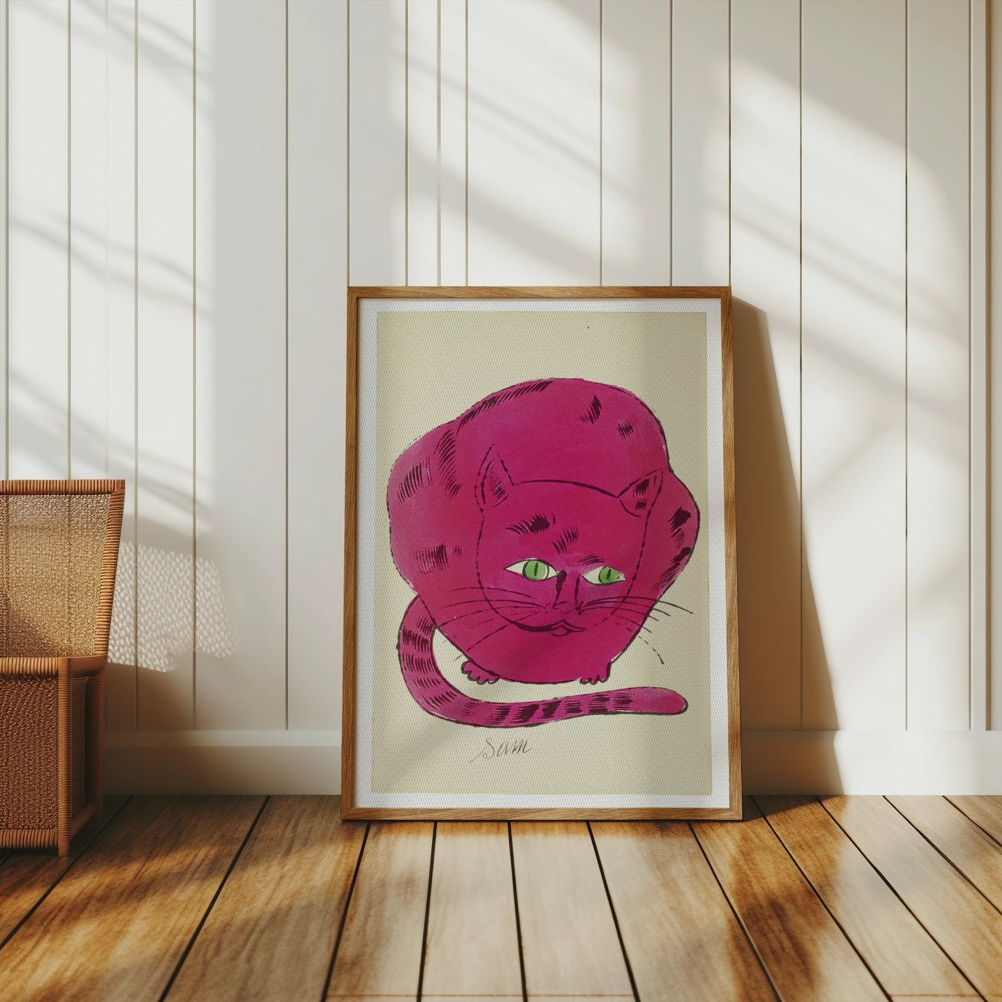 Premium Poster of Cute Pink Cat Illustration with Green Eyes Posters