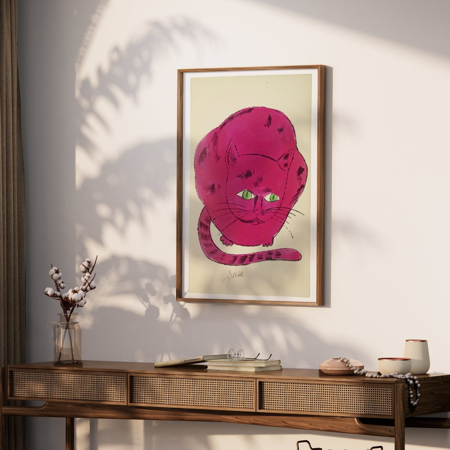 Premium Poster of Cute Pink Cat Illustration with Green Eyes Posters