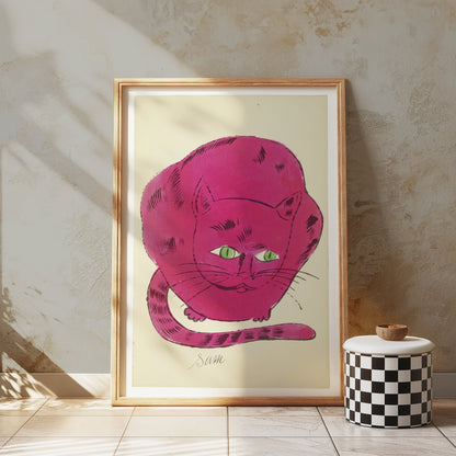 Premium Poster of Cute Pink Cat Illustration with Green Eyes Posters