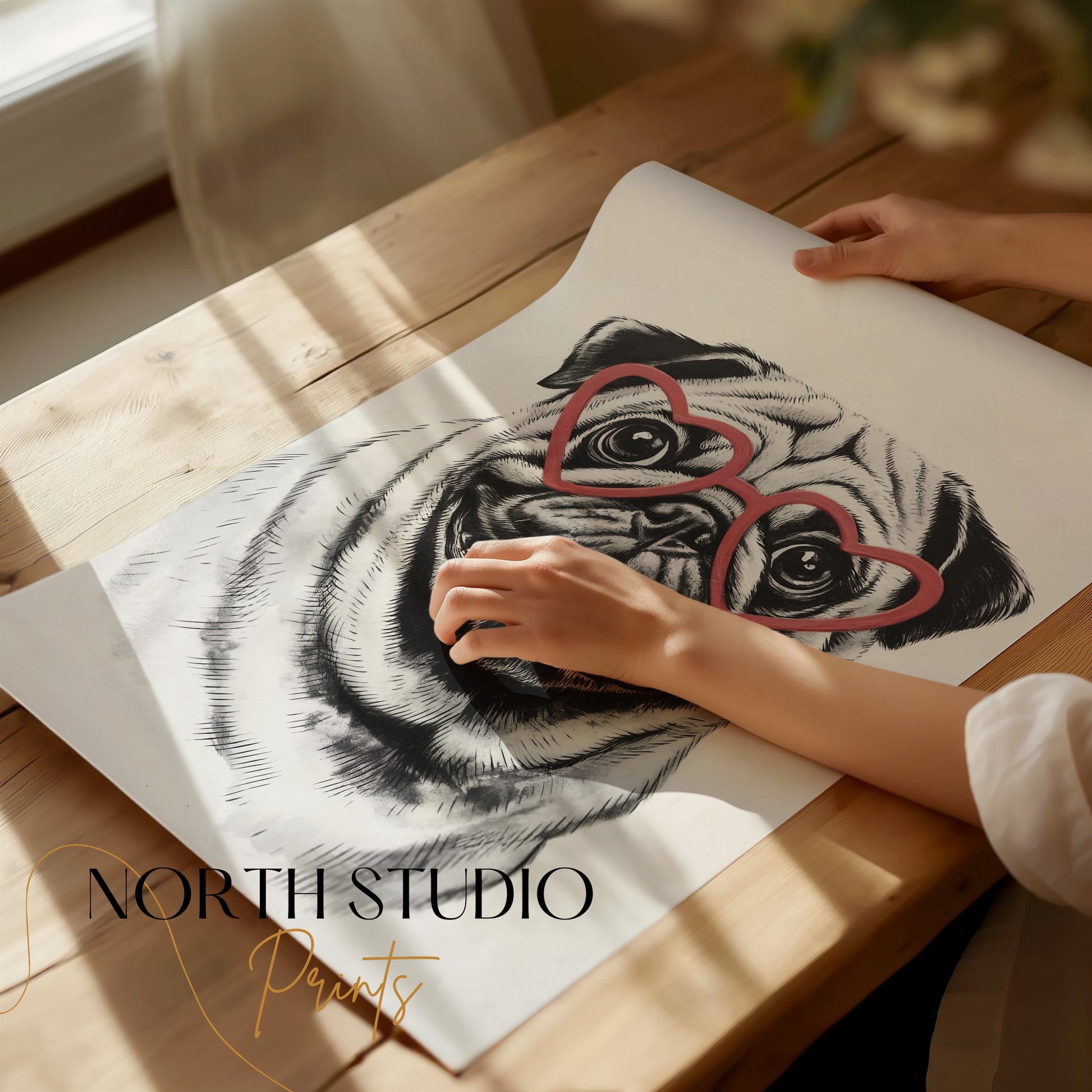 Premium Poster of Cute Pug with Heart Shaped Glasses Wall Art Posters