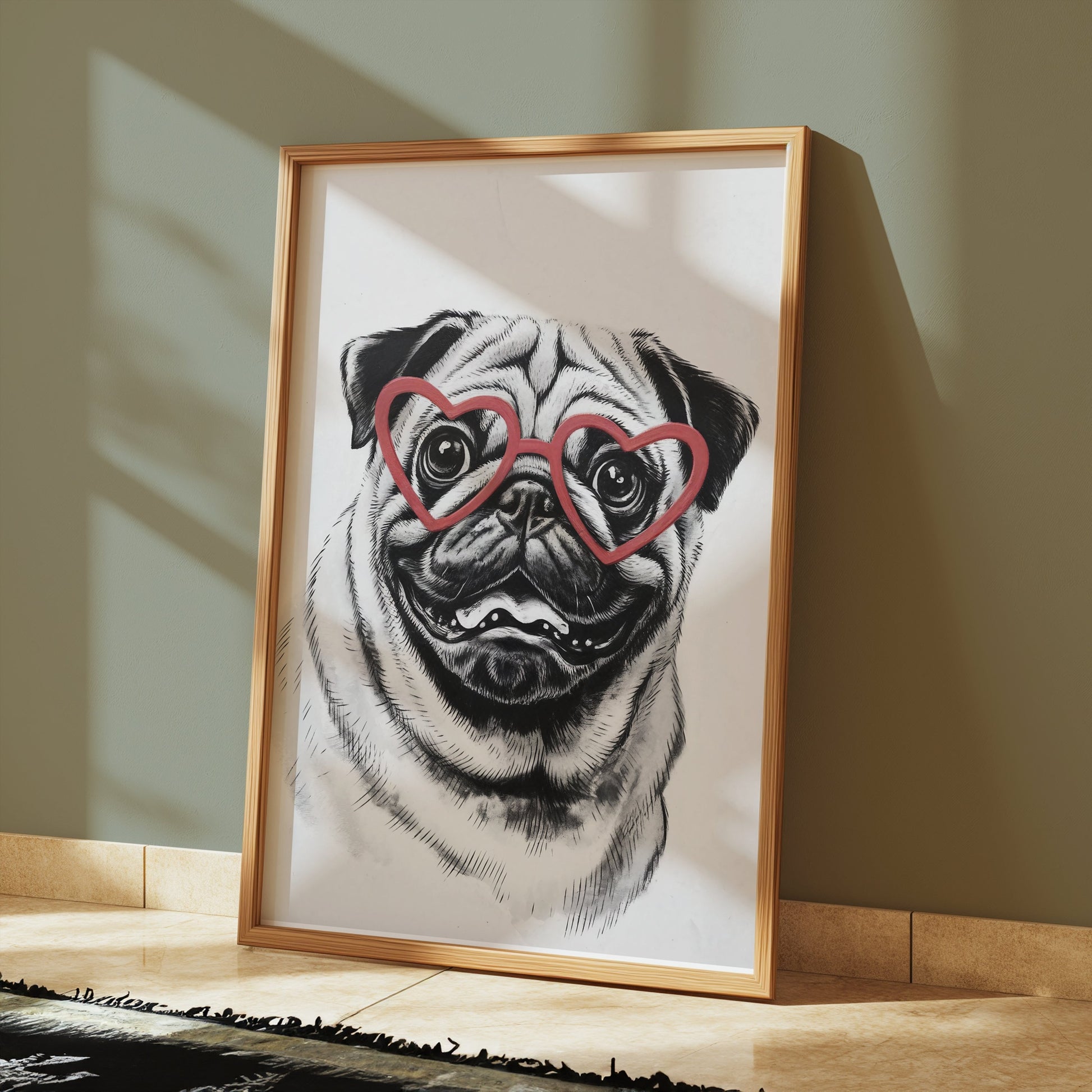 Premium Poster of Cute Pug with Heart Shaped Glasses Wall Art Posters