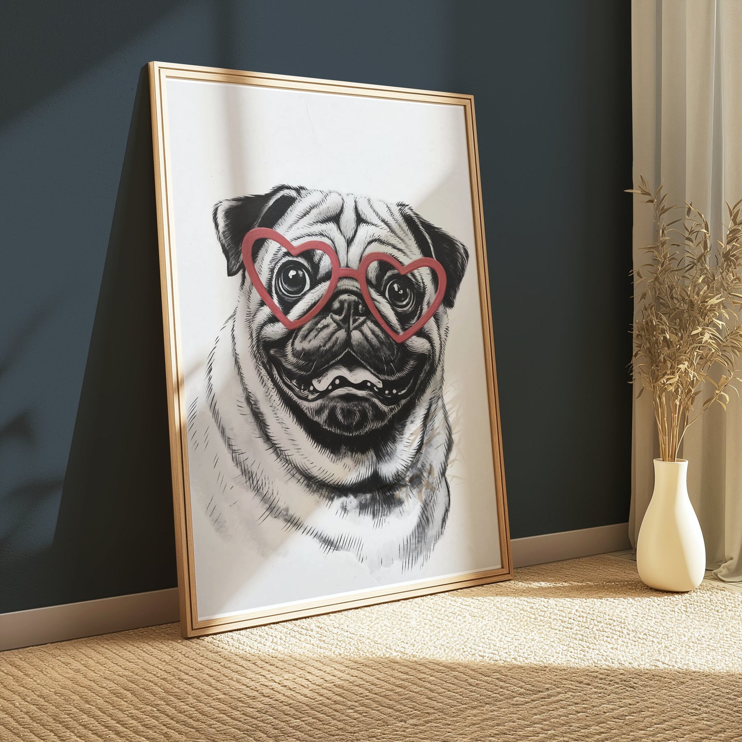 Premium Poster of Cute Pug with Heart Shaped Glasses Wall Art Posters