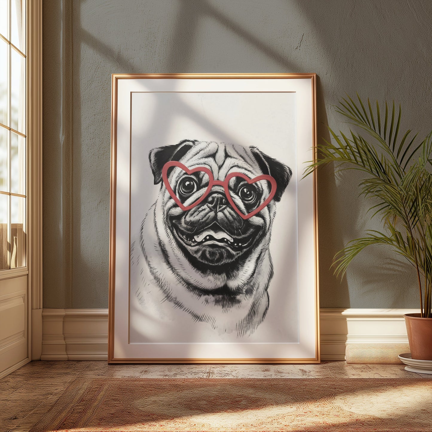 Premium Poster of Cute Pug with Heart Shaped Glasses Wall Art Posters