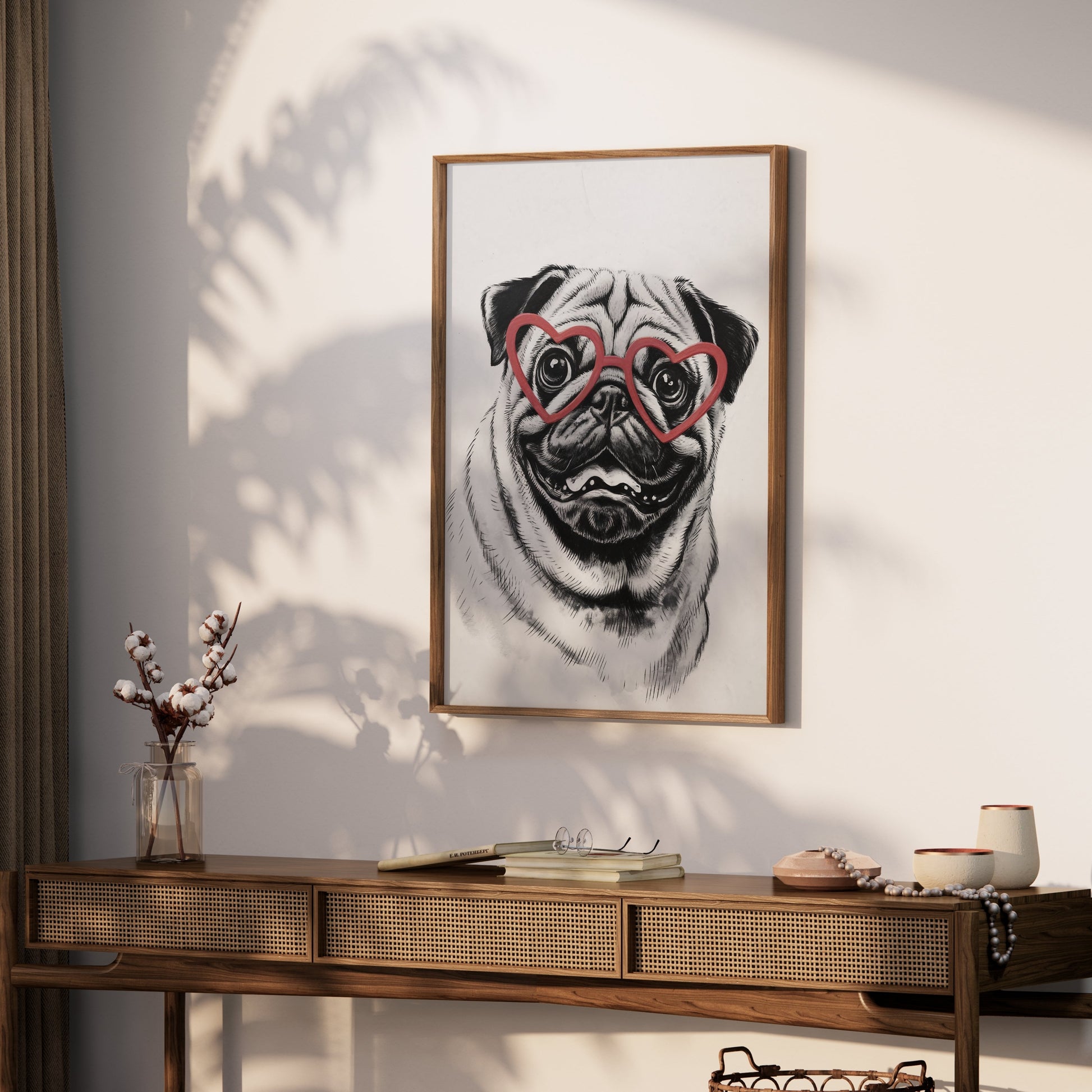 Premium Poster of Cute Pug with Heart Shaped Glasses Wall Art Posters