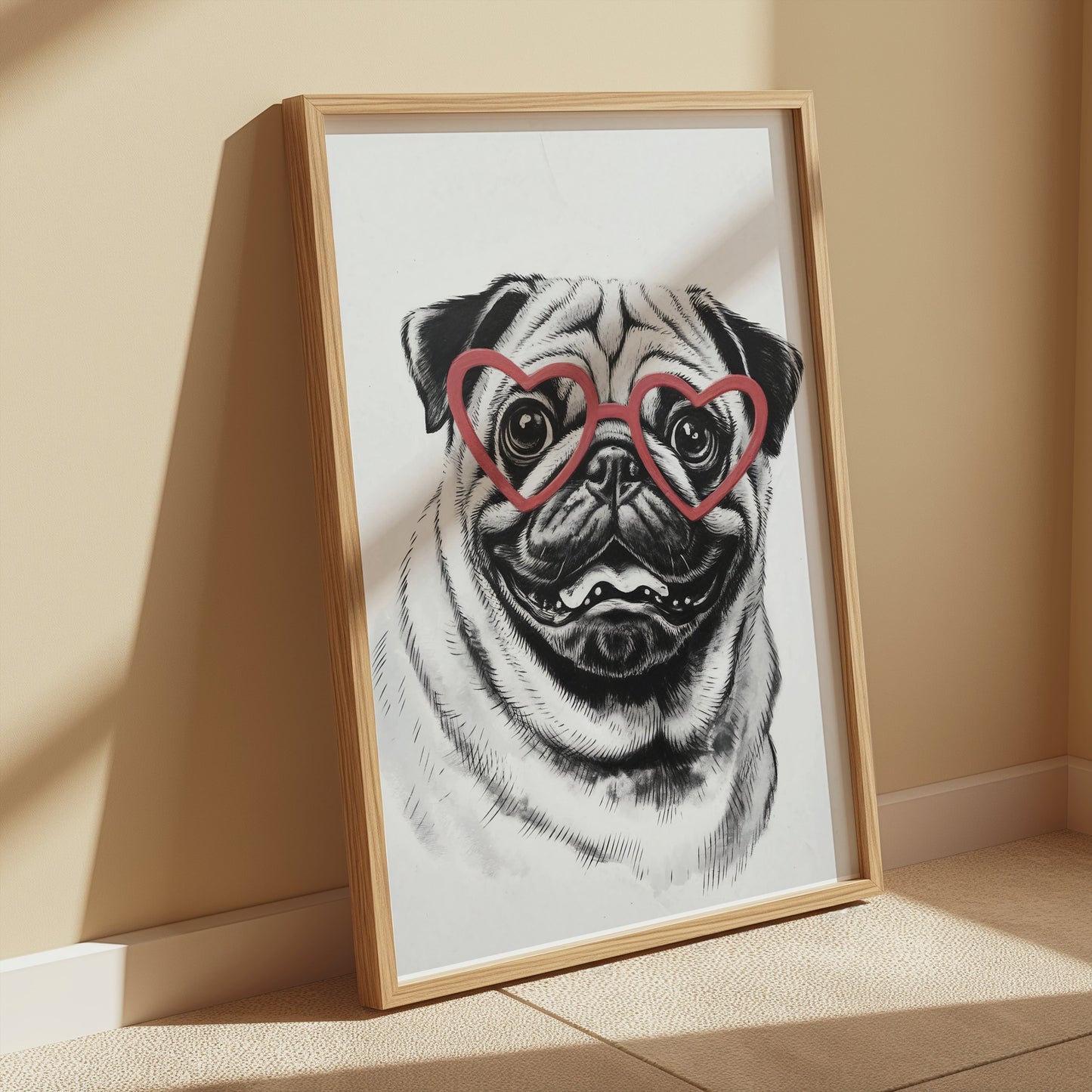 Premium Poster of Cute Pug with Heart Shaped Glasses Wall Art Posters