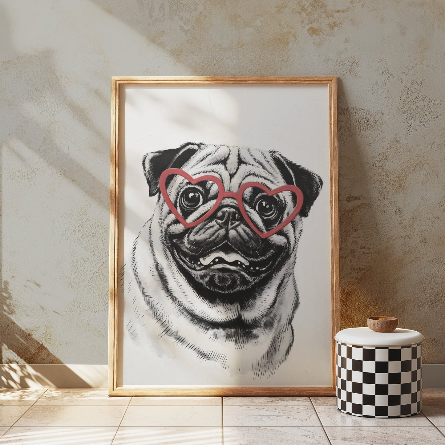 Premium Poster of Cute Pug with Heart Shaped Glasses Wall Art Posters