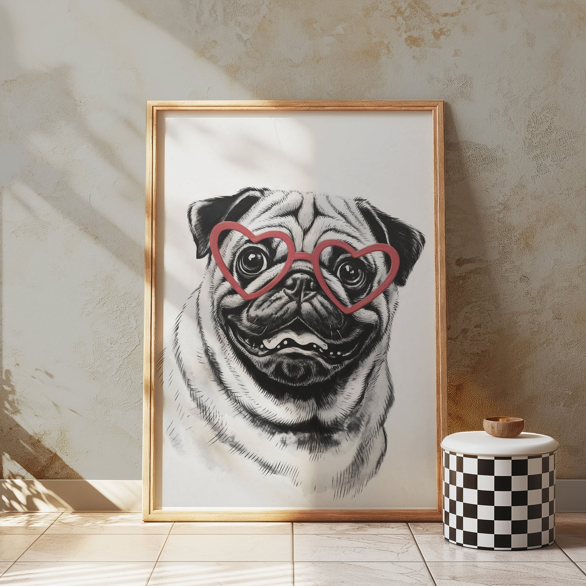 Premium Poster of Cute Pug with Heart Shaped Glasses Wall Art Posters
