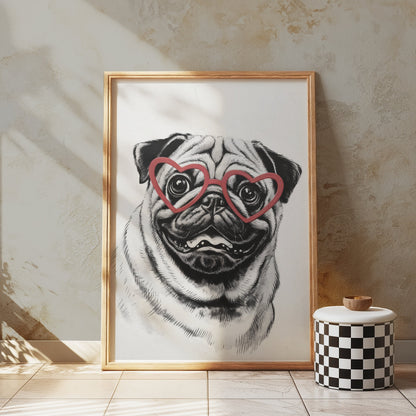 Premium Poster of Cute Pug with Heart Shaped Glasses Wall Art Posters
