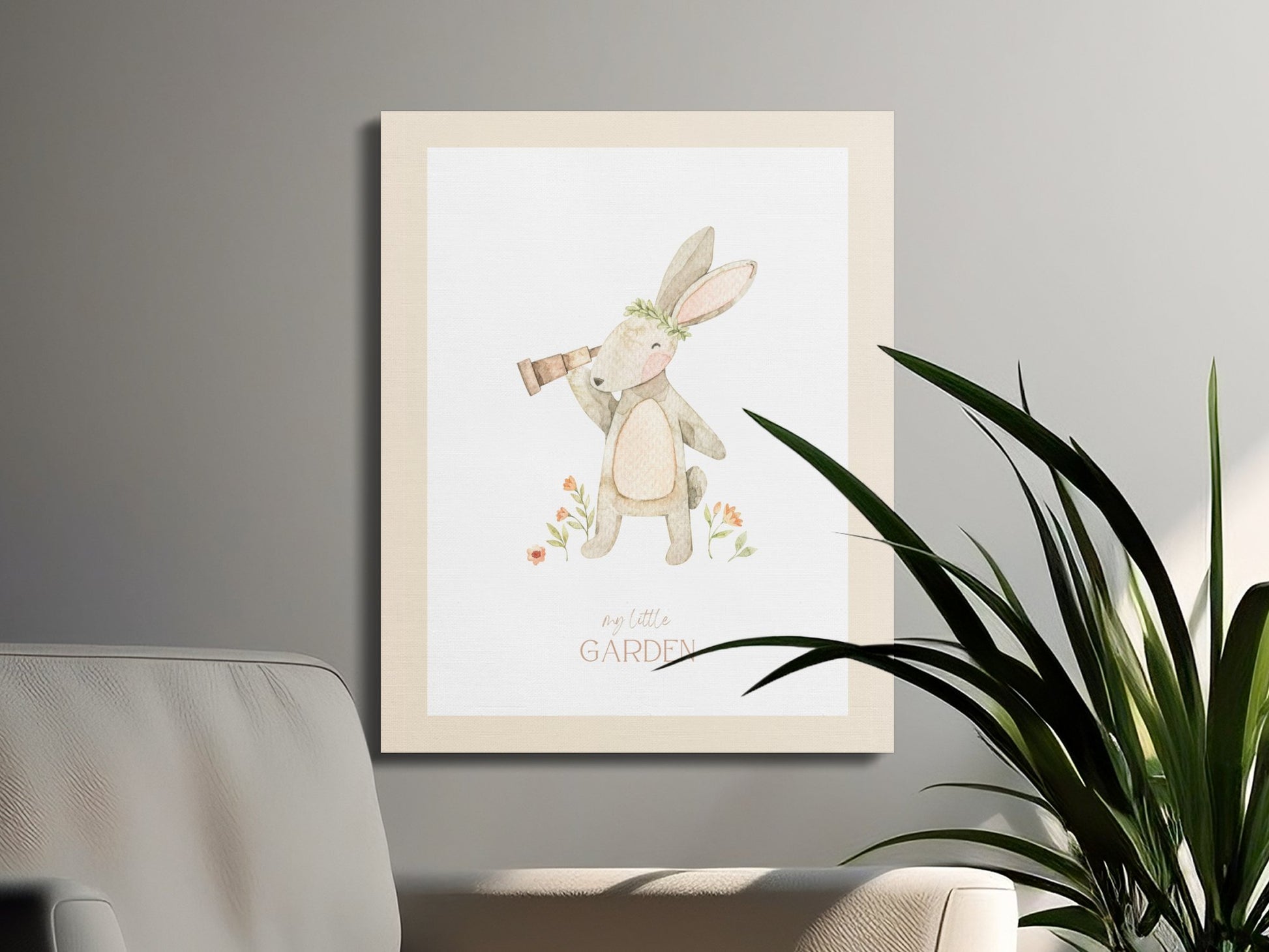 Premium Poster of Cute Rabbit with Telescope Nursery Wall Art Canvas Wraps