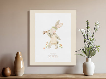 Premium Poster of Cute Rabbit with Telescope Nursery Wall Art Canvas Wraps