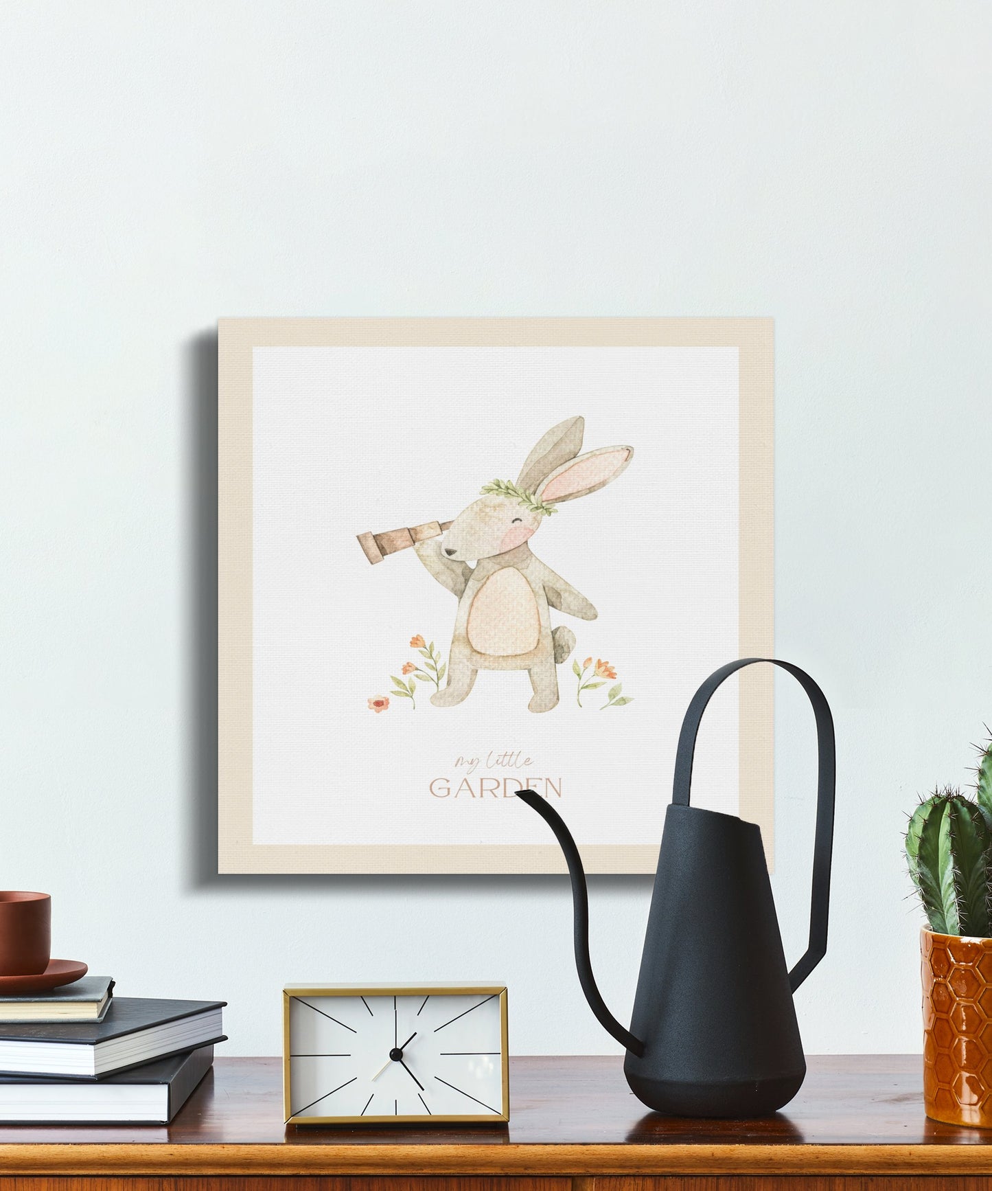 Premium Poster of Cute Rabbit with Telescope Nursery Wall Art Canvas Wraps
