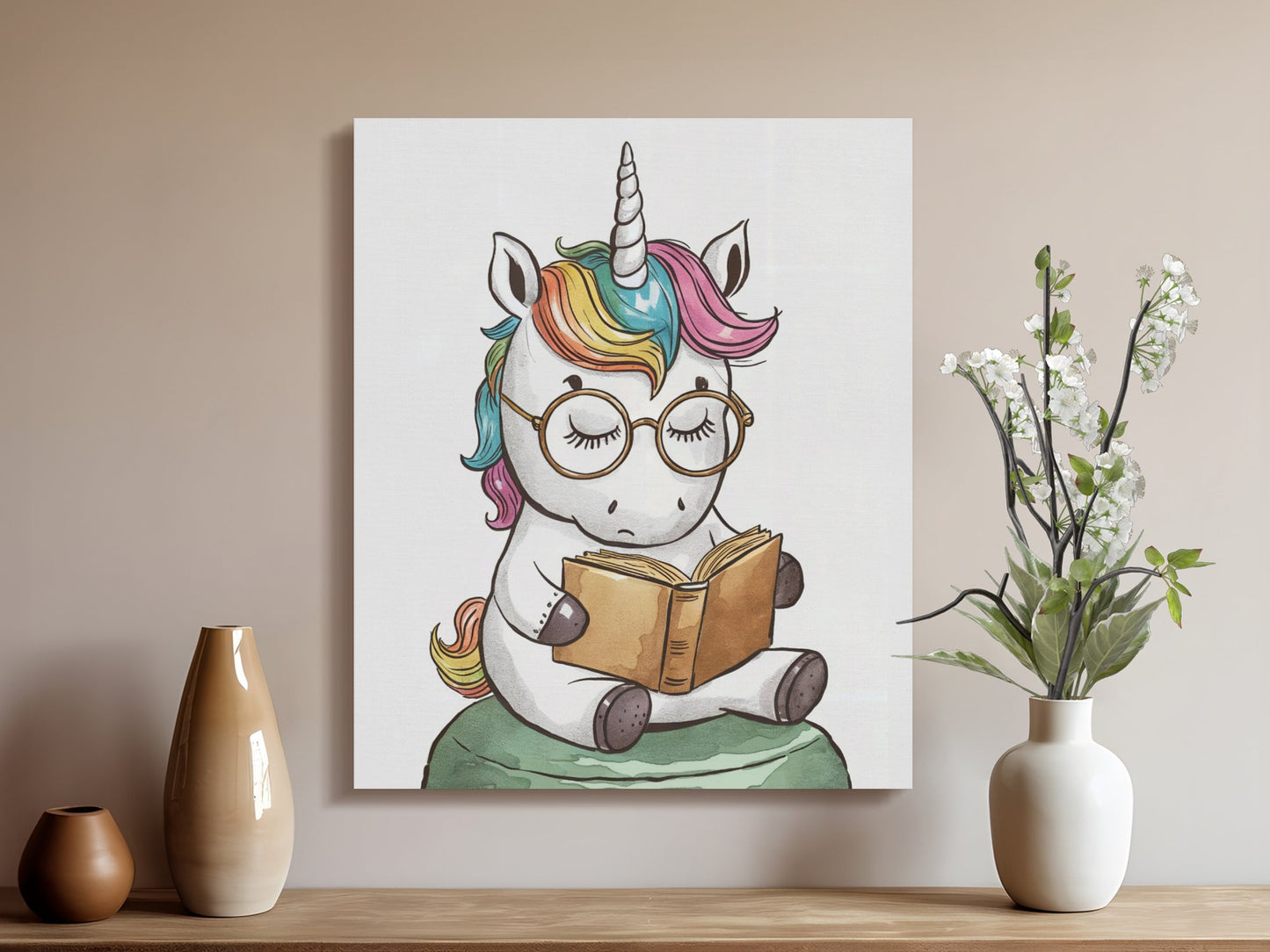 Premium Poster of Cute Reading Unicorn Nursery Wall Art Canvas Wraps