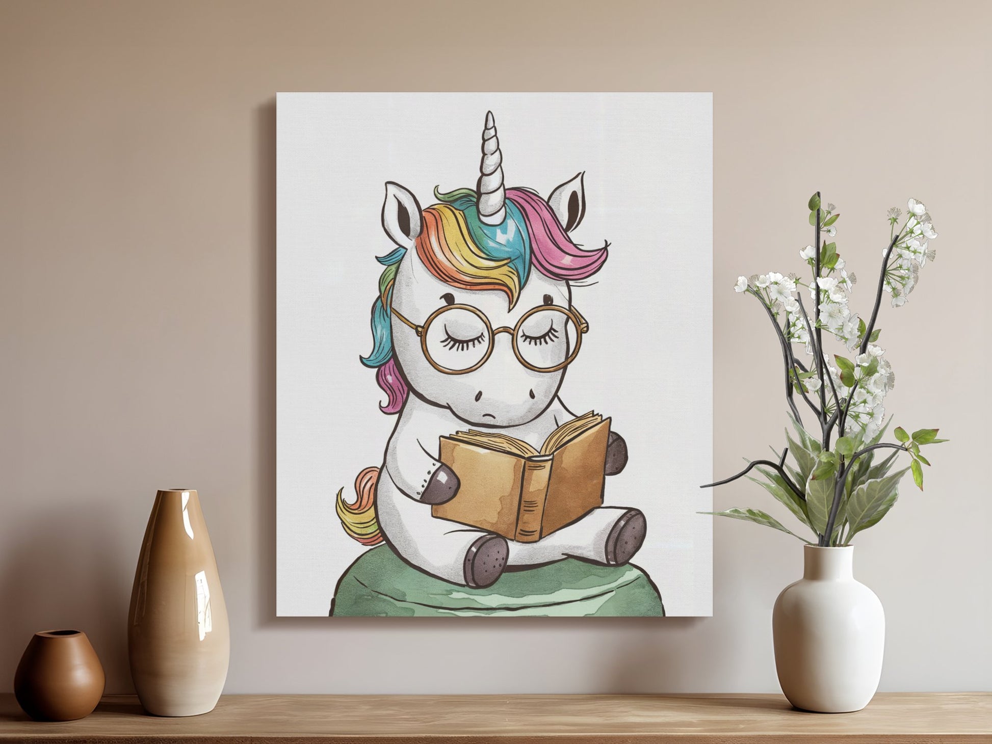 Premium Poster of Cute Reading Unicorn Nursery Wall Art Canvas Wraps