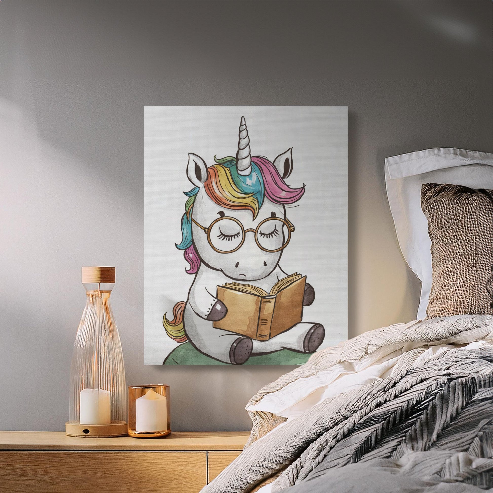 Premium Poster of Cute Reading Unicorn Nursery Wall Art Canvas Wraps
