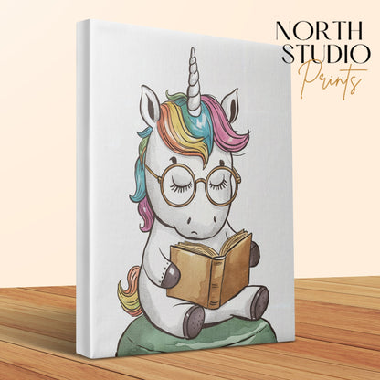 Premium Poster of Cute Reading Unicorn Nursery Wall Art Canvas Wraps