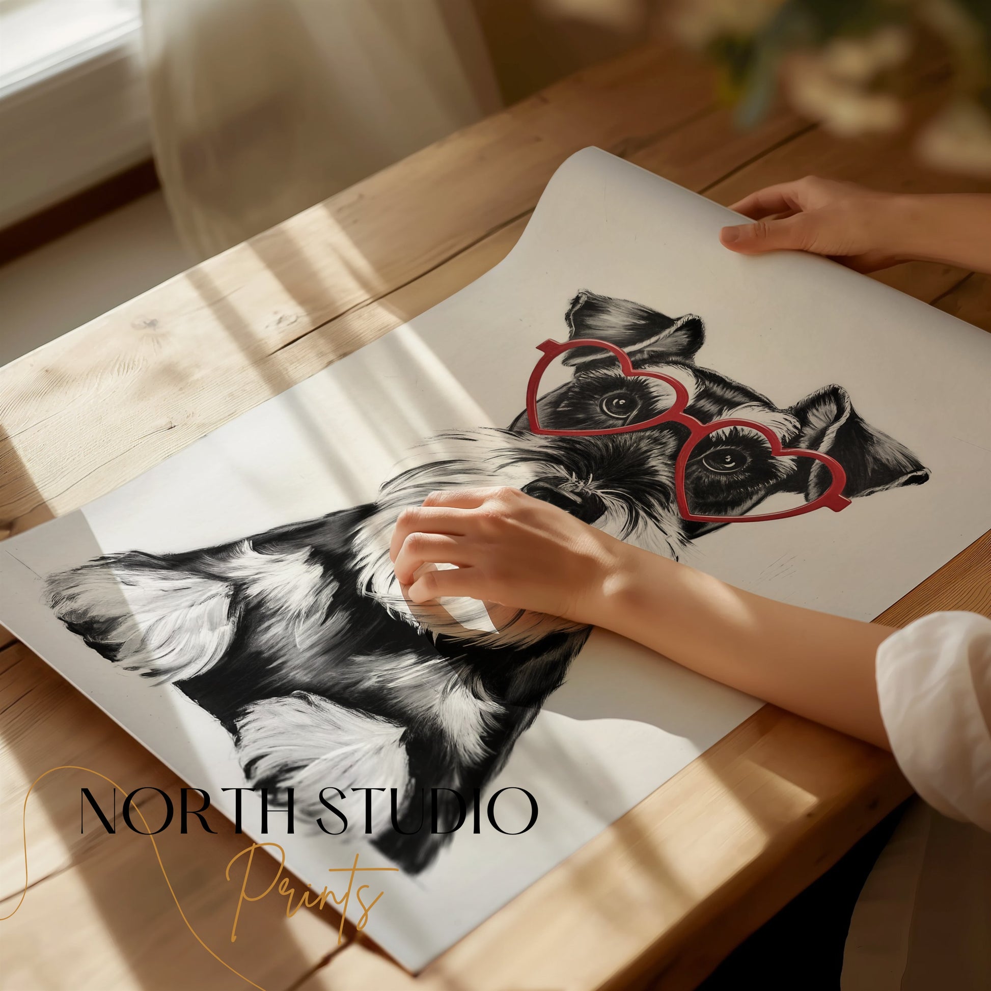Premium Poster of Cute Schnauzer Puppy with Red Heart Glasses Posters