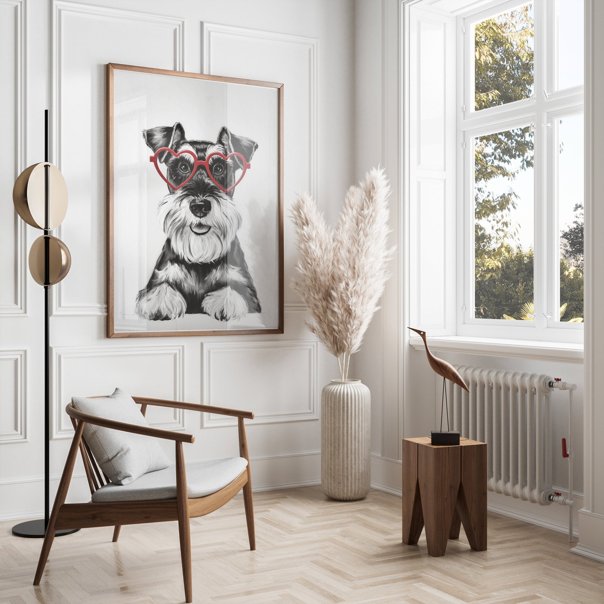 Premium Poster of Cute Schnauzer Puppy with Red Heart Glasses Posters