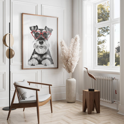 Premium Poster of Cute Schnauzer Puppy with Red Heart Glasses Posters