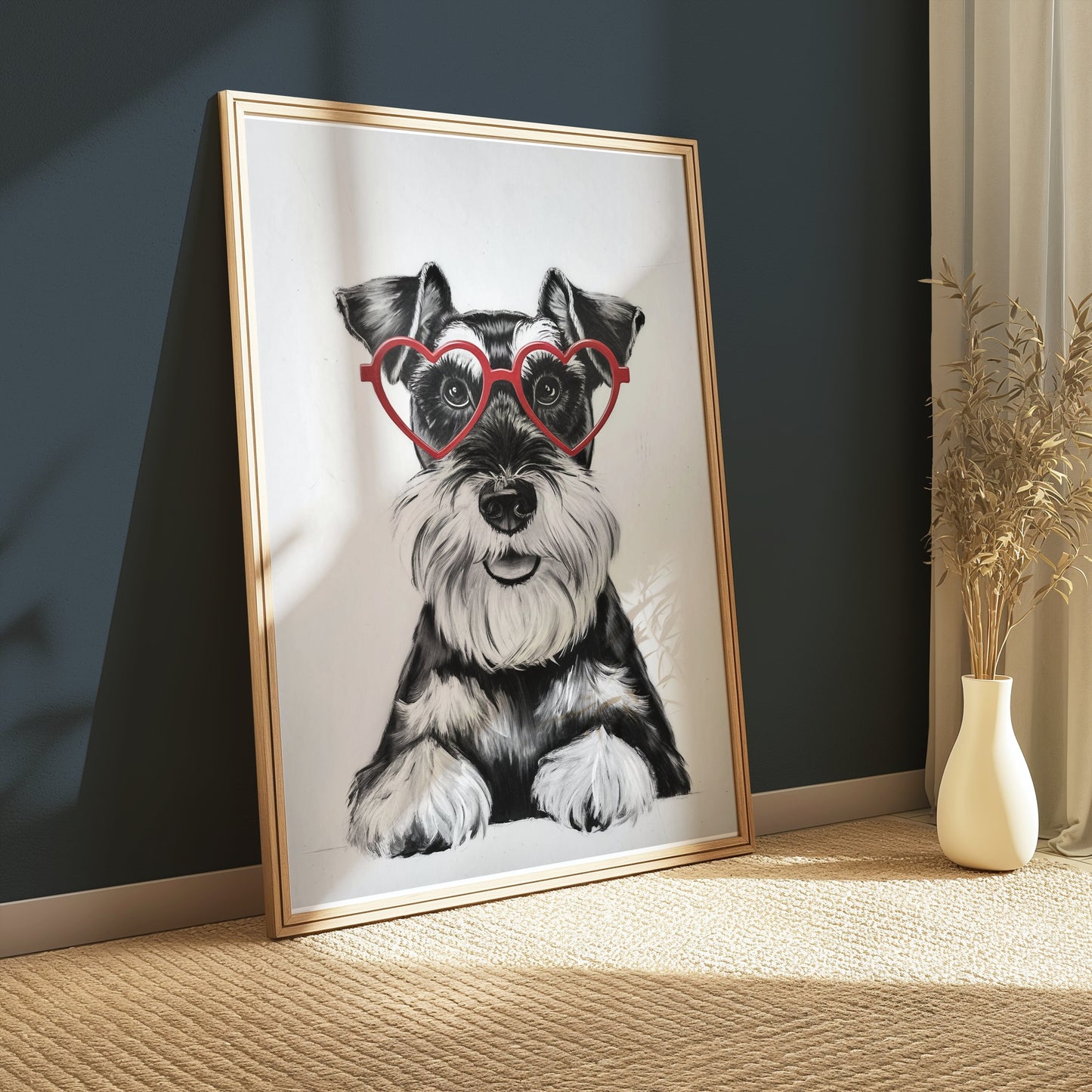 Premium Poster of Cute Schnauzer Puppy with Red Heart Glasses Posters