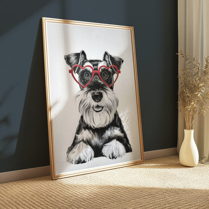 Premium Poster of Cute Schnauzer Puppy with Red Heart Glasses Posters