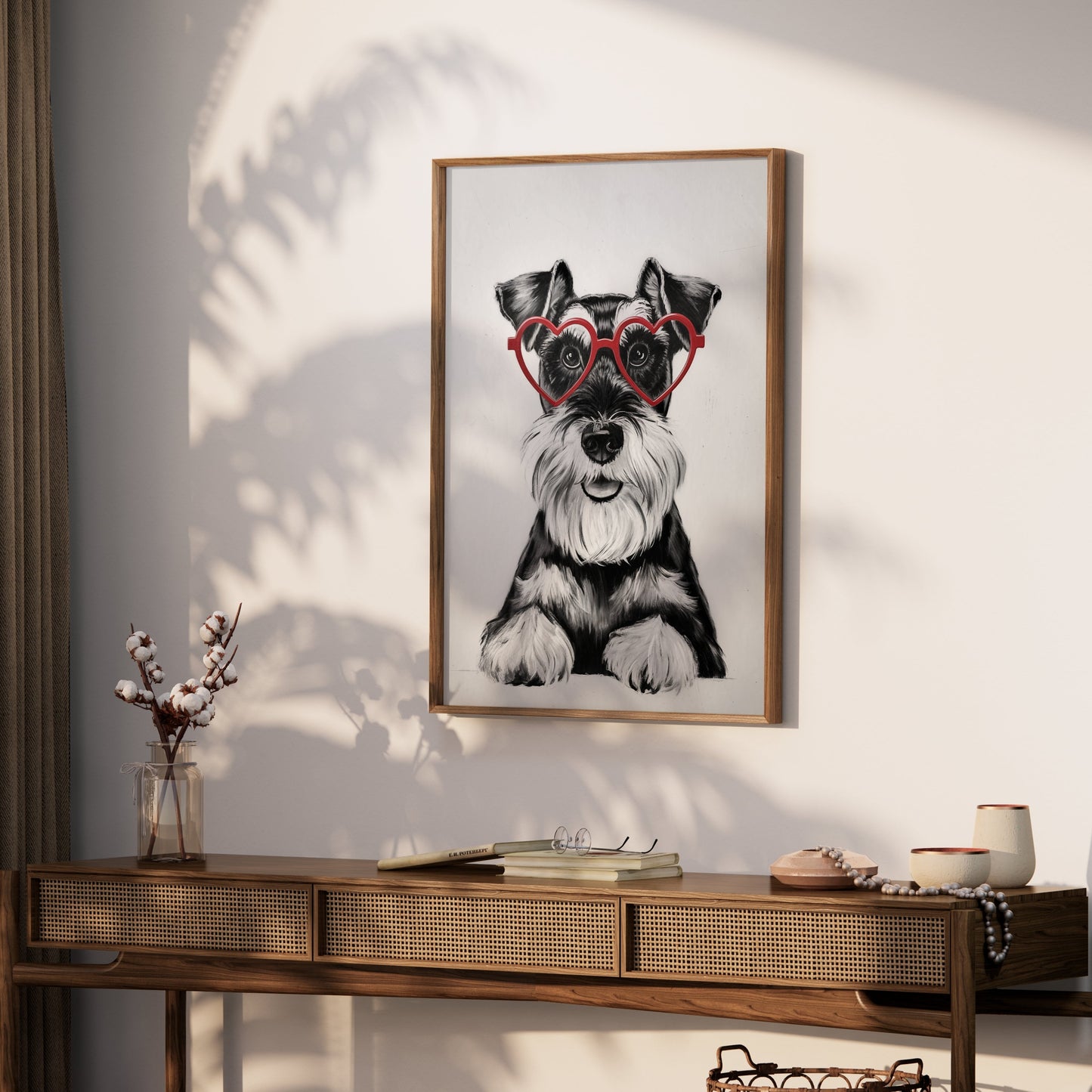 Premium Poster of Cute Schnauzer Puppy with Red Heart Glasses Posters