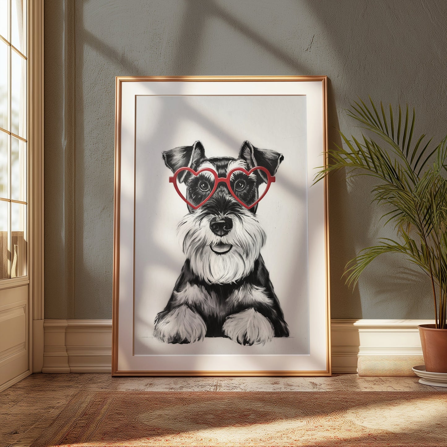 Premium Poster of Cute Schnauzer Puppy with Red Heart Glasses Posters