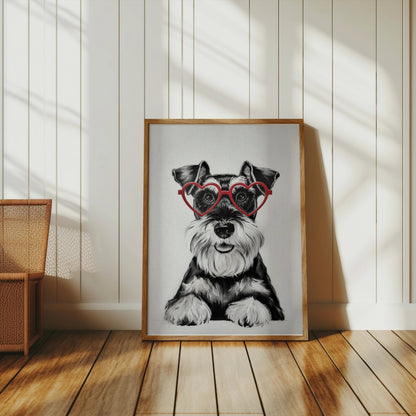 Premium Poster of Cute Schnauzer Puppy with Red Heart Glasses Posters