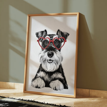 Premium Poster of Cute Schnauzer Puppy with Red Heart Glasses Posters