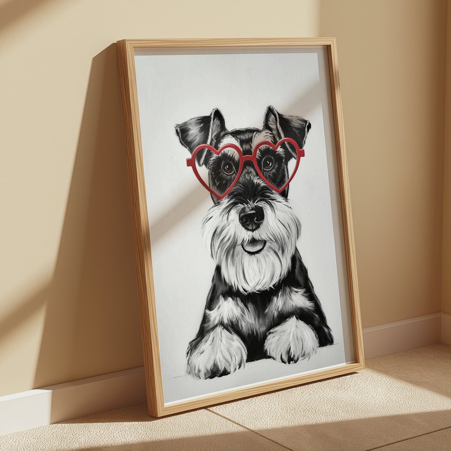 Premium Poster of Cute Schnauzer Puppy with Red Heart Glasses Posters