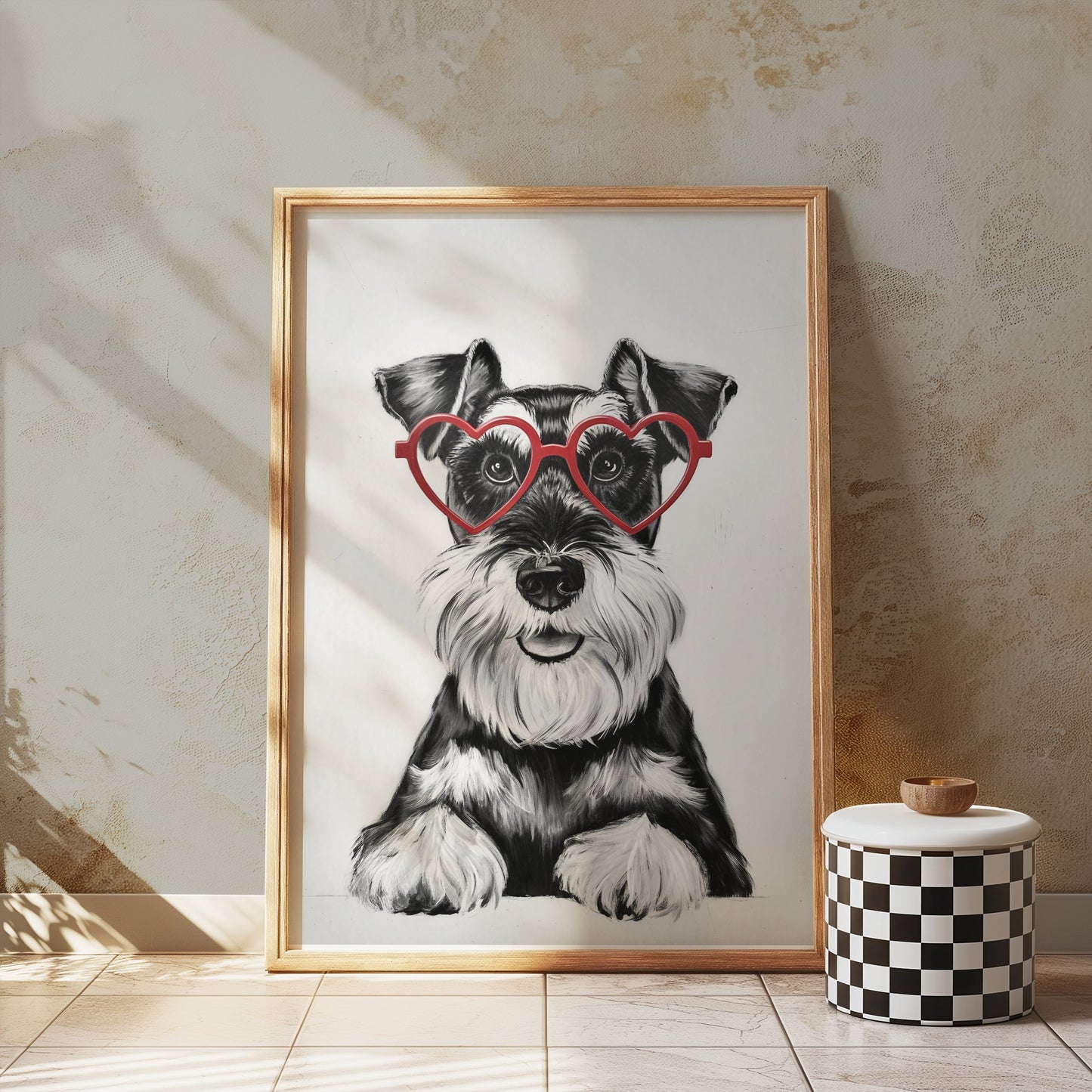 Premium Poster of Cute Schnauzer Puppy with Red Heart Glasses Posters