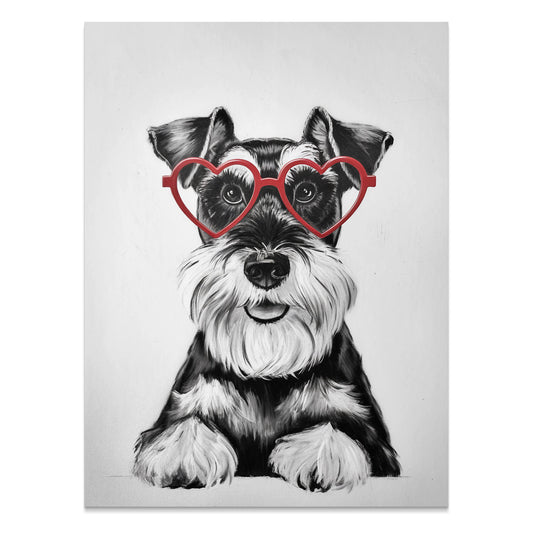 Premium Poster of Cute Schnauzer Puppy with Red Heart Glasses Posters